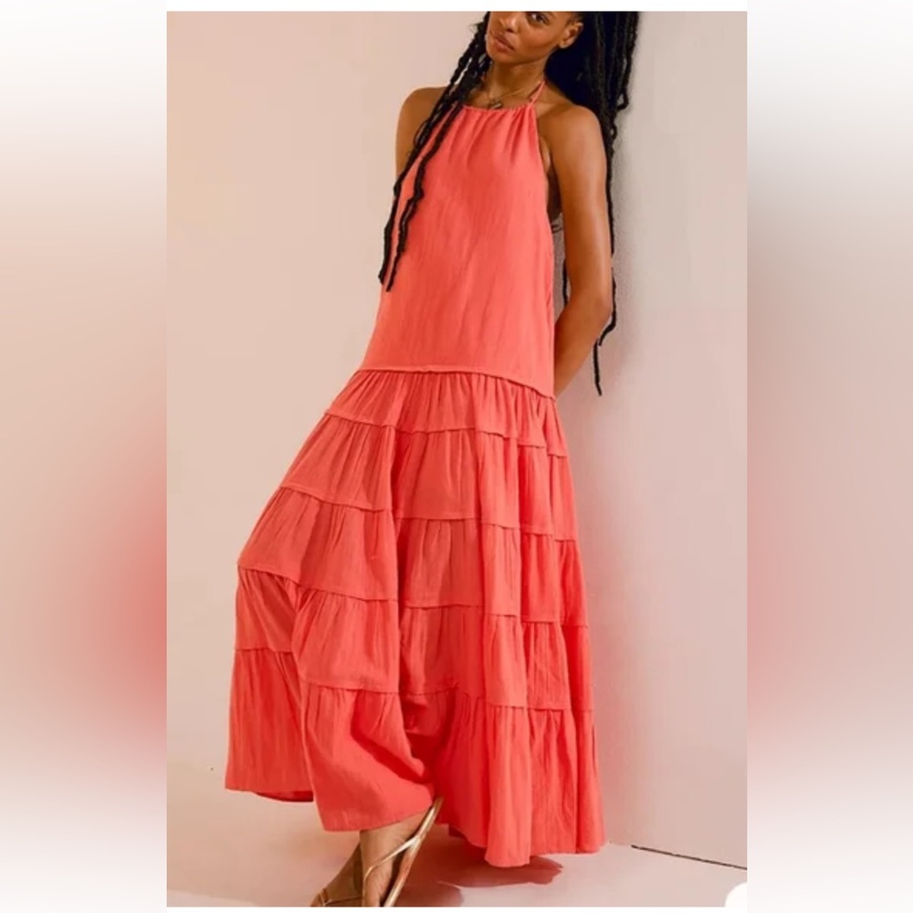 Free People Coral Tiered Halter Maxi Dress